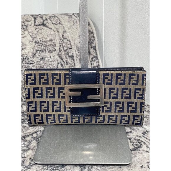 Fendi Handbags - FENDI Zucca Canvas Leather Bifold Long Wallet Gray Navy